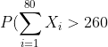 P(\sum_{i=1}^{80}X_i>260)